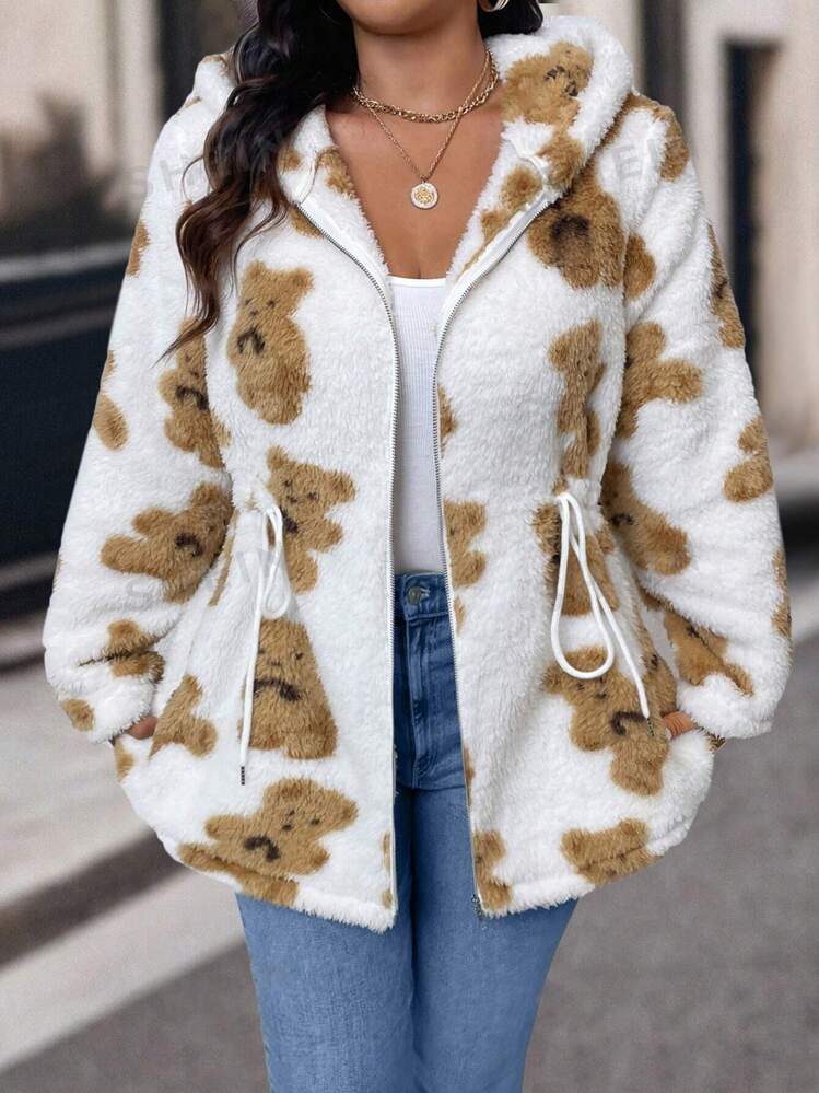 SHEIN Essnce Plus Size Women s Cute Bear Thick Fleece Lined Winter Jacket