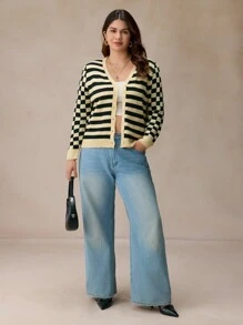 Elaquor Plus Size Women's Checkered Striped Casual Cardigan Sweater, Autumn/Winter - Multicolor - View 3