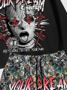 ROMWE MEN Street Life Herren Set aus Retro Portrait Bedrucktem Sweatshirt und Shorts