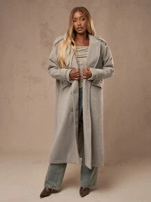 MISSGUIDED Designer Wool Winter Coat Long Maxi Length Sophisticated Outerwear With Shoulder Straps Office Professional Business Formal Luxury Classic Fall