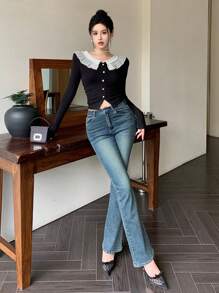 DAZY 女式拼色褶皱修身短袖 T 恤，秋季优雅，荷叶边长袖女式上衣