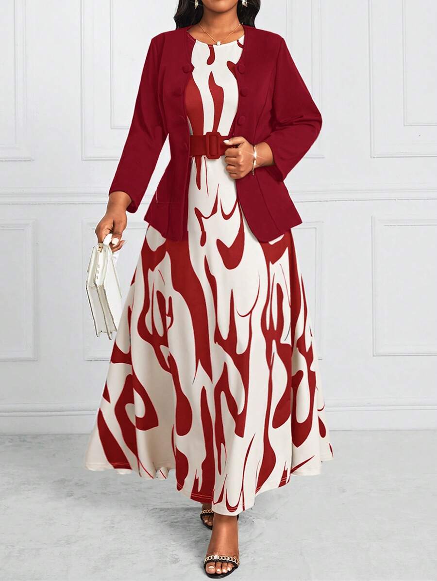 SHEIN Lady Plus Size Women Abstract Print 2 Pieces Dress Suit, Casual Commute Outfit For Summer - Red - View 1