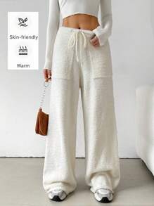 LYSMO Solid Color Front Tie Pocket Warm Coral Fleece Lounge Pants - White - View 5