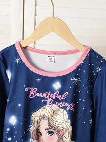 2pcs/Set Tween Girl Casual Blue & Pink Princess Graphic Print Long Sleeve Snug Fit Top And Pants Pajama Set