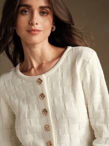 Anewsta V-Neck Long Sleeve French Style Cinched Waist Single Breasted Knit Cardigan - Apricot - View 5