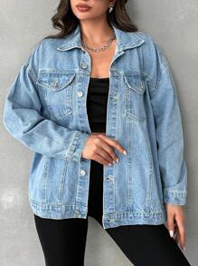 EURMUSE Flap Pocket Drop Shoulder Denim Jacket - Medium Wash - View 4