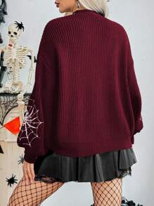 SHEIN ChicEase Cárdigan casual y suelto con gráfico de tela de araña de Halloween para mujer - Burdeos - Ver 2