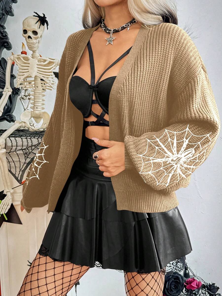 SHEIN Unity 女士蜘蛛网图案休闲宽松开衫 - 卡其色 - 查看 1