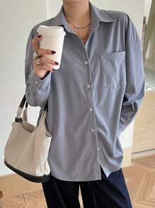 DAZY Women's Plain Regular Collar Oversized Corduroy Thick Casual Shirt