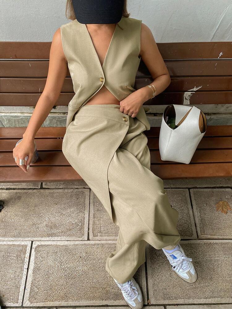 2pcs Set Women Solid Fitted V-Neck Sleeveless Jacket And Asymmetrical Wide Leg Pants,Fall Clothes