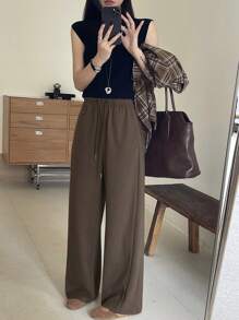 DAZY Quần dài màu trơn lưng thun co giãn có dây rút cho nữ - màu nâu - Xem 5