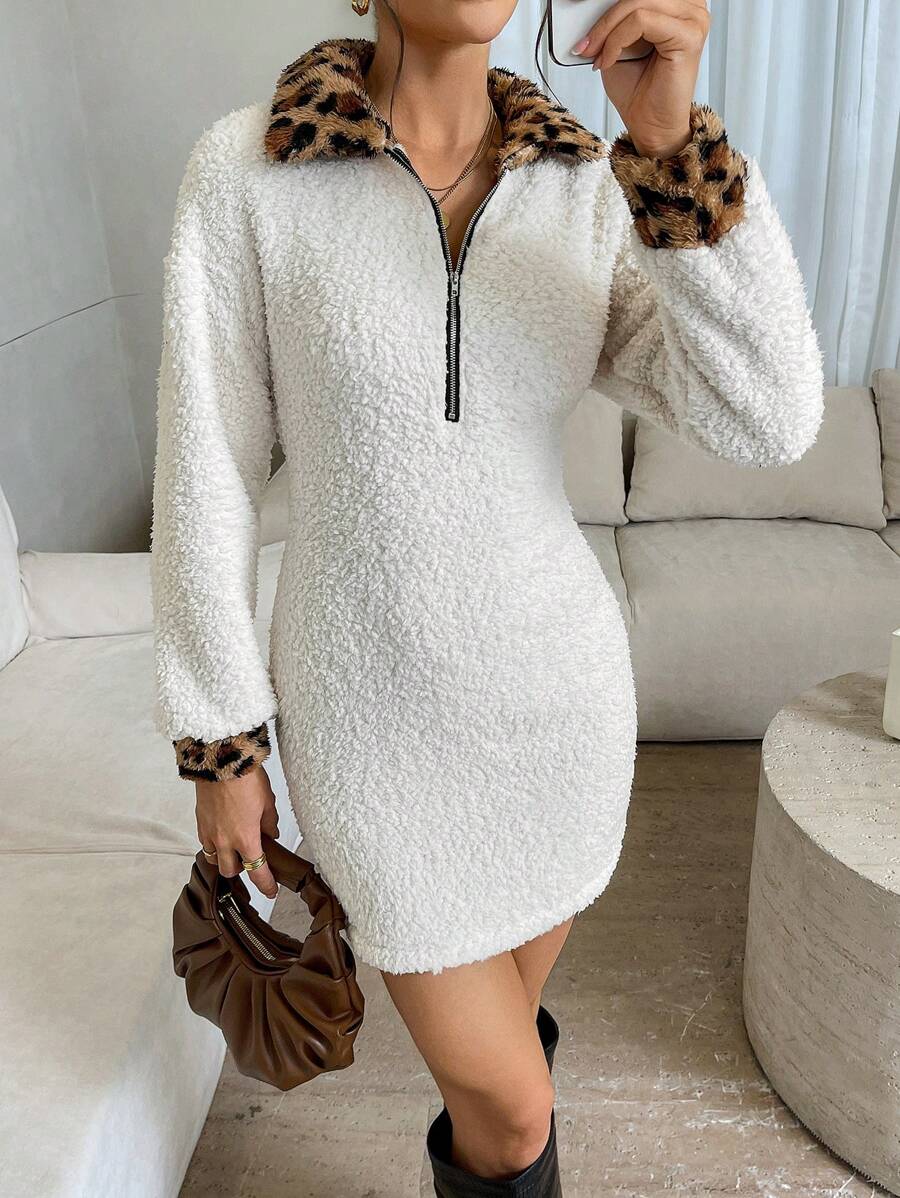 SHEIN Unity 1pc Women Solid Color Contrast Zipper Front Long Sleeve Minimalist Short Dress - Beige - View 1