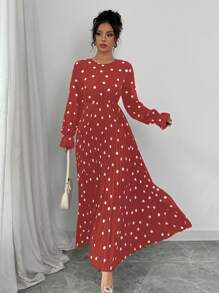 Chiquease 1pc Women's Polka Dot Print Round Neck Long Sleeve Long Elegant Dress - Red - View 3