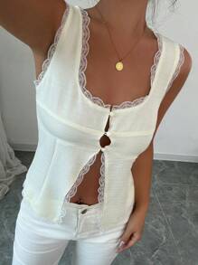INAWLY Women's Lace Patchwork Simple Versatile Fitted Camisole For Autumn - Apricot - View 3
