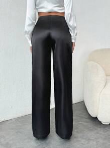 SHEIN Women Solid Color Satin Low Waist Wide Leg Pants - Black - View 2