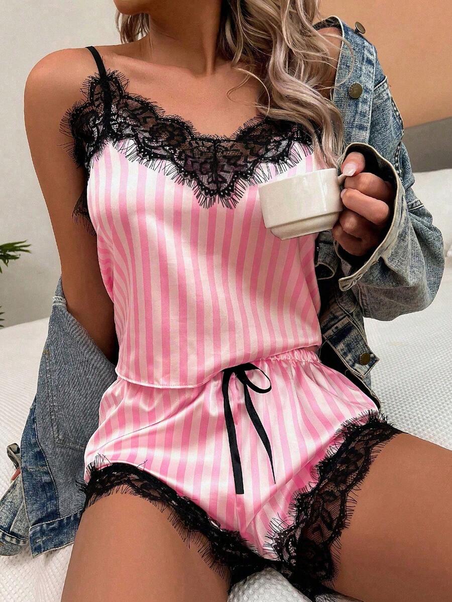 PetitDoll Contrast Lace Striped Print Satin PJ Set / Pajama Set Holiday Season