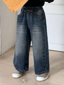 Dazy Kids Young Girl Casual Washed Elastic Waist Wide Leg Jeans