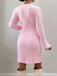 EURMUSE Casual Crew Neck Cable Knit Combined With Rib Knit Mini Cute Sweater Dress - Pink - View 4
