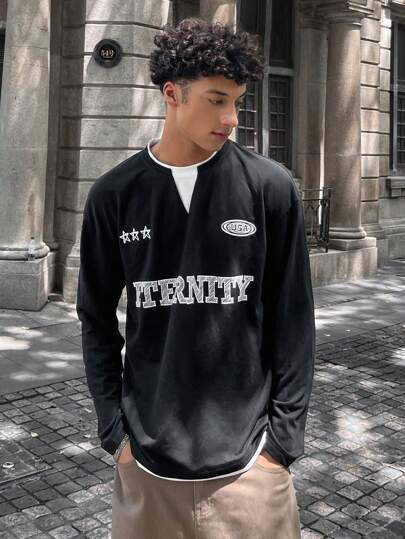 Manfinity VCAY Camiseta de manga larga tejida de corte relajado con diseño de patchwork para hombres jóvenes