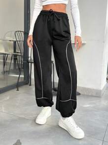 SHEIN PETITE Contrast Binding Detail High Waist Wide Streetwear Sweatpants - Black - View 1