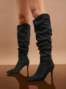 SHUZIA Faux Suede Sloutch Knee High Heel Boots - Black - View 3