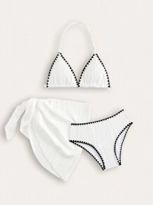 Tween Girl New Fashionable Colorblock Trim Bikini Set, Special Fabric