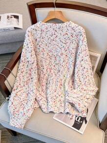 大码彩色花卉图案优雅毛衣，秋冬季休闲款