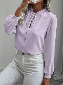 SHEIN LUNE 经典纯色系带长袖办公室衬衫 - 淡紫色 - 查看 1