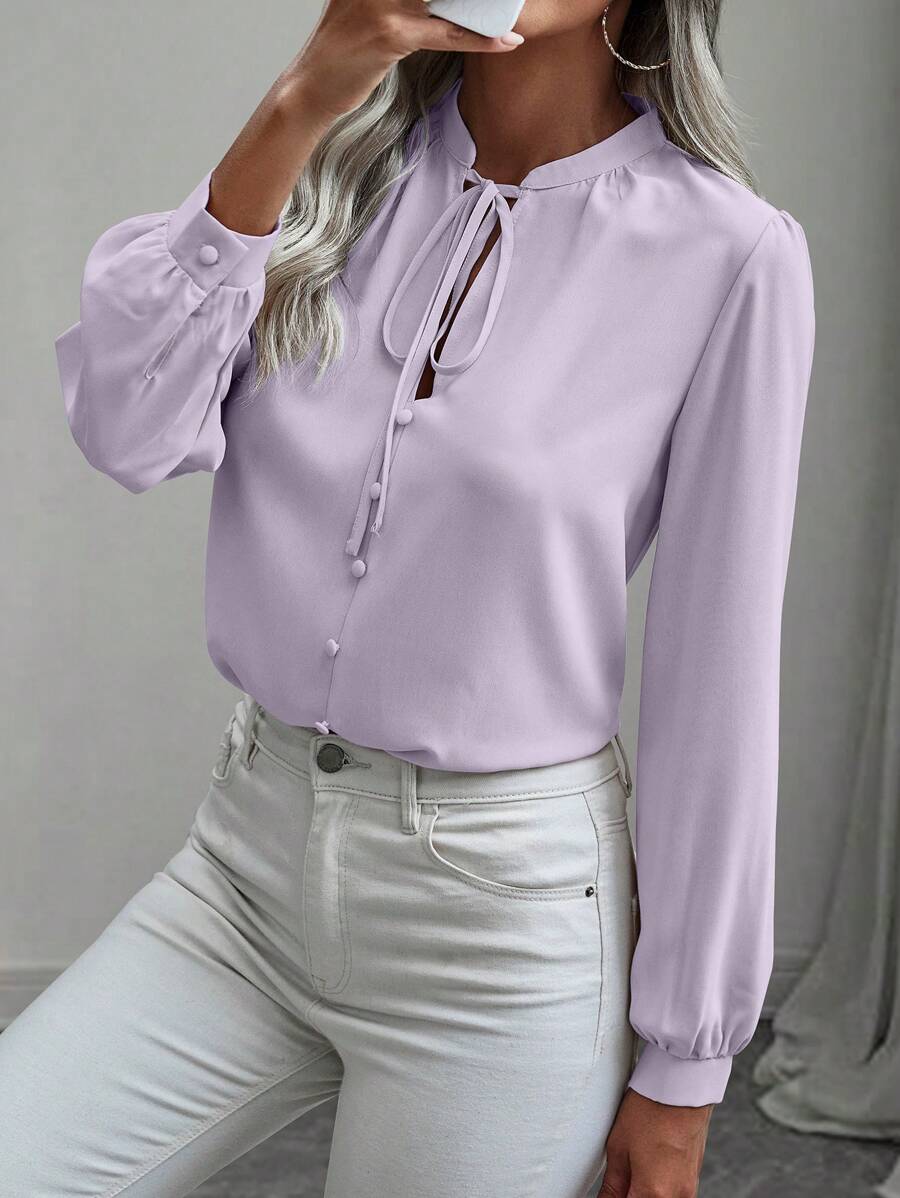 SHEIN LUNE 经典纯色系带长袖办公室衬衫 - 淡紫色 - 查看 1