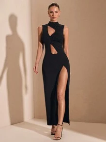 SHEIN BAE Black Hollow Out Sleeveless High Split Maxi Dress,70s Style Autumn Night Out Party Knit Dress For Cocktail, Date,Wedding & Halloween - Black - View 1