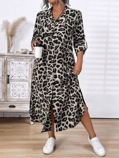 Plus Size Front Button Long Sleeve Leopard Print Casual Long Dress Maxi Women Outfit Fall Cloth For Women