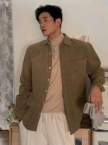 DAZY Men Brown Casual Corduroy Patchwork Pocket Shirt, Autumn Long Sleeve Men Shirt - Brown - View 6