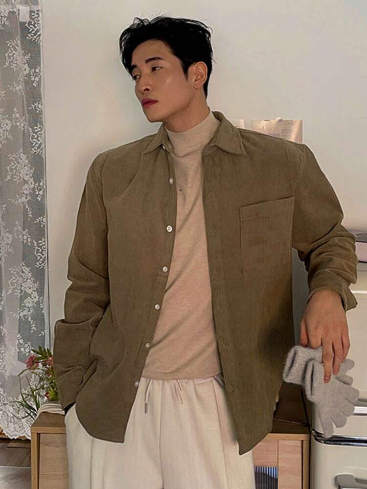 Men Brown Casual Corduroy Patchwork Pocket Shirt, Autumn Long Sleeve Men Shirt