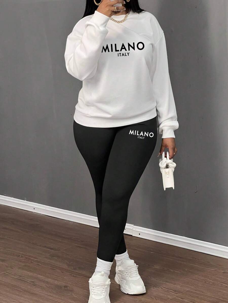Slaydiva Bộ 2 áo nỉ dài tay cổ tròn in chữ "MILANO" phong cách tối giản thường ngày và quần legging bó - Nhiều màu - Xem 1