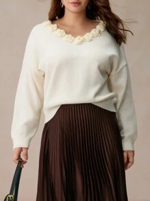 Elaquor Suéter elegante de talla grande con decoración floral 3D y cuello en V, informal para uso diario, otoño/invierno