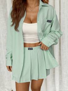 Comfortcana 条纹印花落肩衬衫和百褶裙（不含吊带背心） - 綠色 - 查看 12