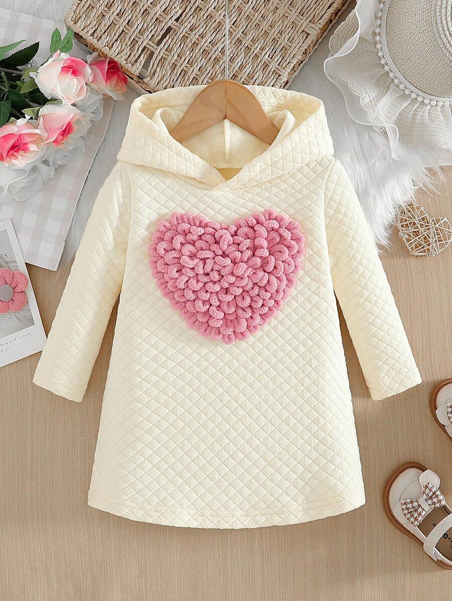 Baby Girls' Cute 3D Heart Furry Hooded A-Line Dress, Suitable For Outings In Spring And Autumn