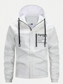 Manfinity Men's Front Zipper Letter Print Casual Hooded Jacket - White - View 1