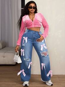 Plus Size Casual Street Style Pink Bow Decor Distressed Loose Straight Leg Jeans - Medium Wash - View 5