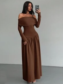 Aloruh New Apricot Off-Shoulder High Waist A-Line Long Sleeve Bodycon Dress, Stretchy & Slimming, Summer Dresses For Women,Tea Party Dress