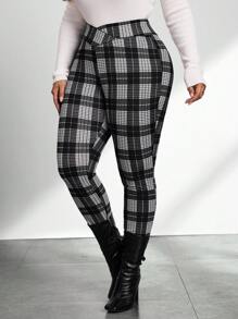 SHEIN Privé 大码优雅 V 腰修身长款通勤黑白格子复古学院风教师工作裤、下午茶休闲户外上学长裤 - 黑與白 - 查看 4