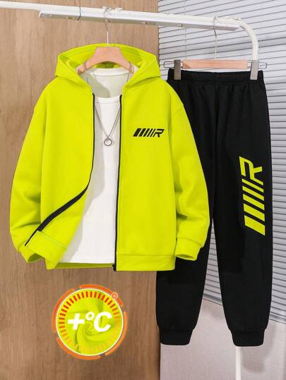 SHEIN Tween Boy Fluorescent Green Hoodie Sweatshirt And Black Loose Fit Letter Graphic Pants 2 Pieces Casual Sportswear Set, Suitable For Outdoor, School