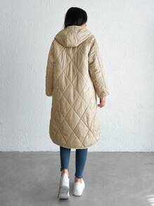 EURMUSE Snap Button Front Hooded Quilted Coat - Apricot - View 2