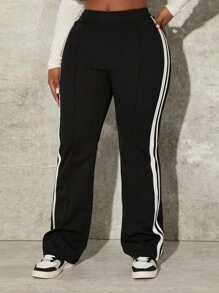 SHEIN SXY Plus Size Women Side Striped High Waist Flared Casual Pants - Black - View 4