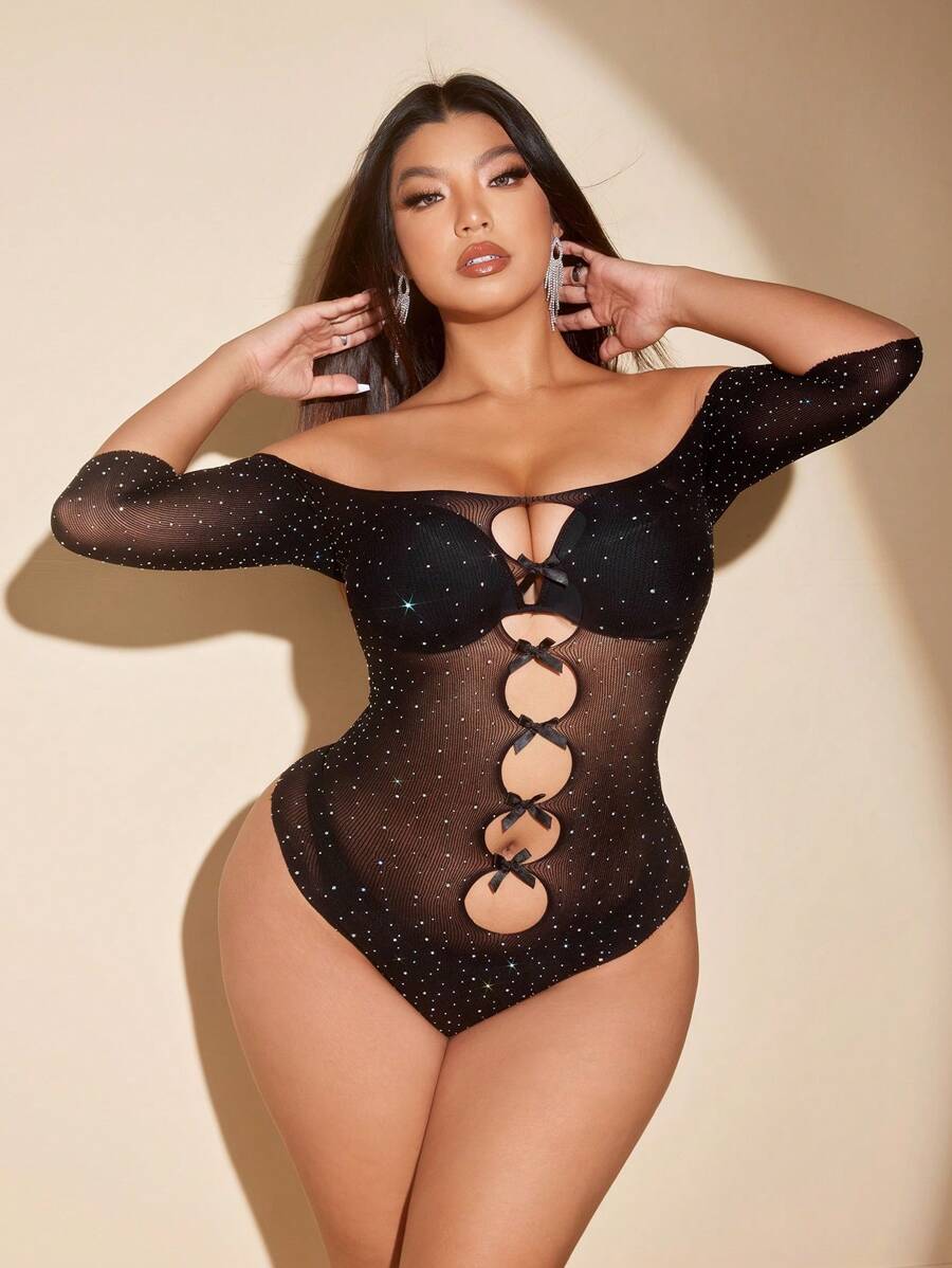 Viva Relle Plus Size Nowy seksowny, wycięty na ramiączkach, z kryształkami, z kokardą i wycięciem - Czarne - Zobacz 1