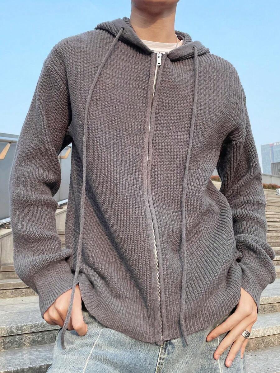 Claim Dot Plus Size Men's Solid Color Front Zip Up Long Sleeve Hoodie, Casual Daily Wear - Grey - View 1