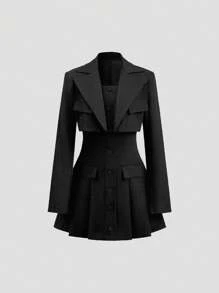 Sweetra 女士休闲翻领短款西装外套搭配抹胸连衣裙 2 件套 Y2K 服装