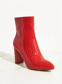 SHUZIA 女士鞋履短靴尖头粗跟经典短靴鳄鱼红色短靴 - 紅色 - 查看 5
