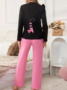Ensemble de pyjama pour femme adorable avec détail nœud d'oreilles de lapin - Multicolore - Voir 6