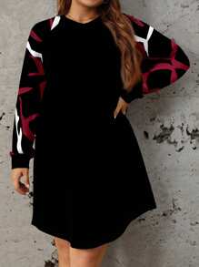 EMERY ROSE Plus Size Vrouwen Geometrisch Patroon Elegante Raglan Mouw Knielange Jurk, Geschikt Voor Herfst/Winter